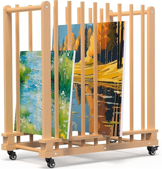 Art Storage Rack with Wheels & Handle- Beech Wood Canvas Organizer & Artwork Storage Organizer for Drawing Board, Panel, Paper Pad for Art Studios, Artworks, Gallery, Classroom by GARVIN
