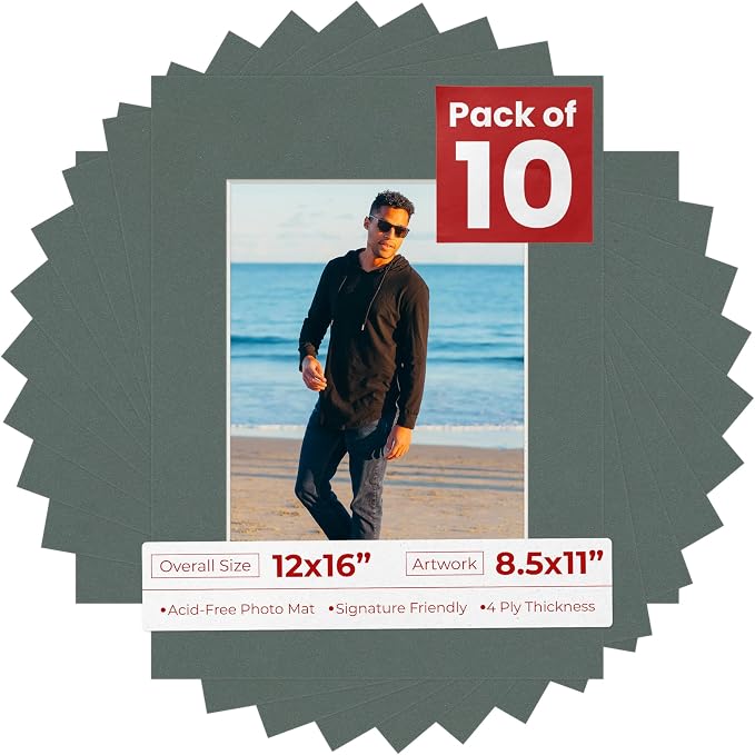8.5x11 Mat for 12x16 Frame - Precut Mat Board Acid-Free Charcoal 8.5x11 Photo Matte For a 12x16 Picture Frame, Premium Matboard for Family Photos, Show Kits, Art, Picture Framing, Pack of 10 Mats by PosterPalooza