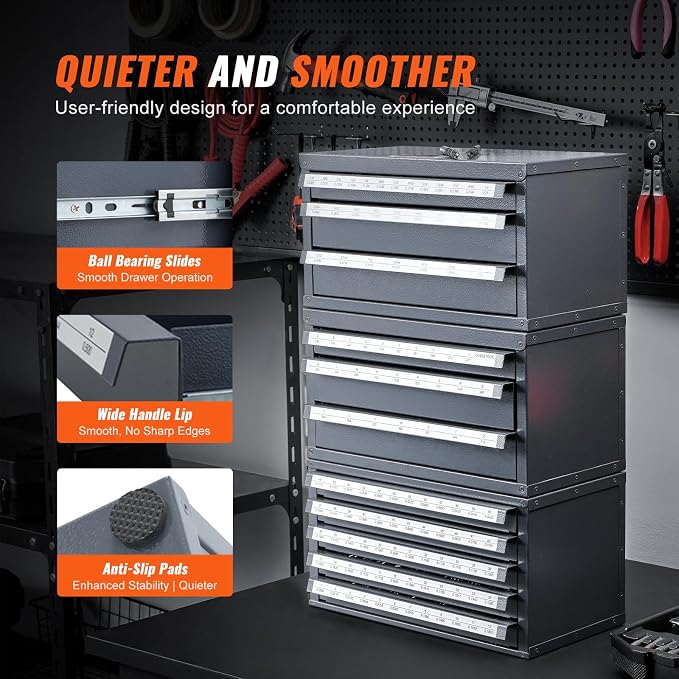 VEVOR Drill Bit Organizer - Three-Drawer Steel Cabinet for 1mm to 13mm, Labels, Stackable - Image 7