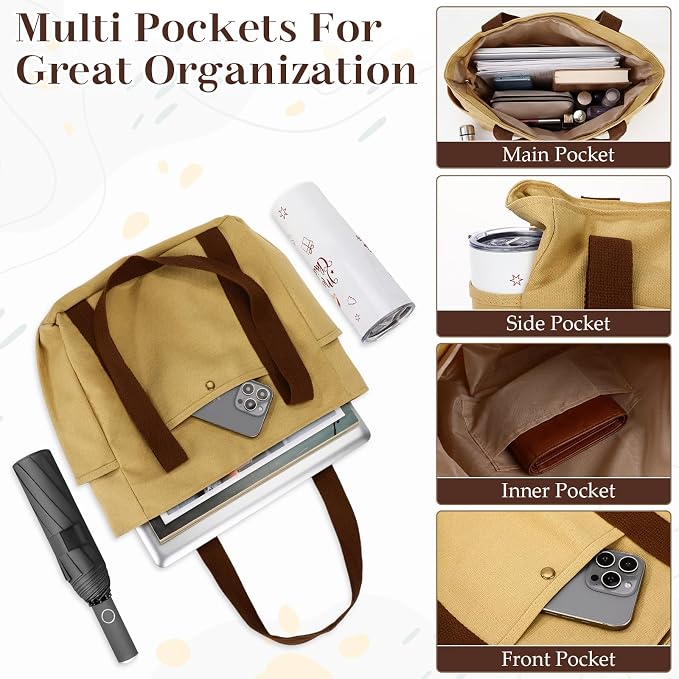 Sadnyy Khaki 10 Pcs Canvas Tote Bags for Women Reusable Shoulder Tote Bags with Zipper Shopping Grocery Handbag for Work Travel - Image 6