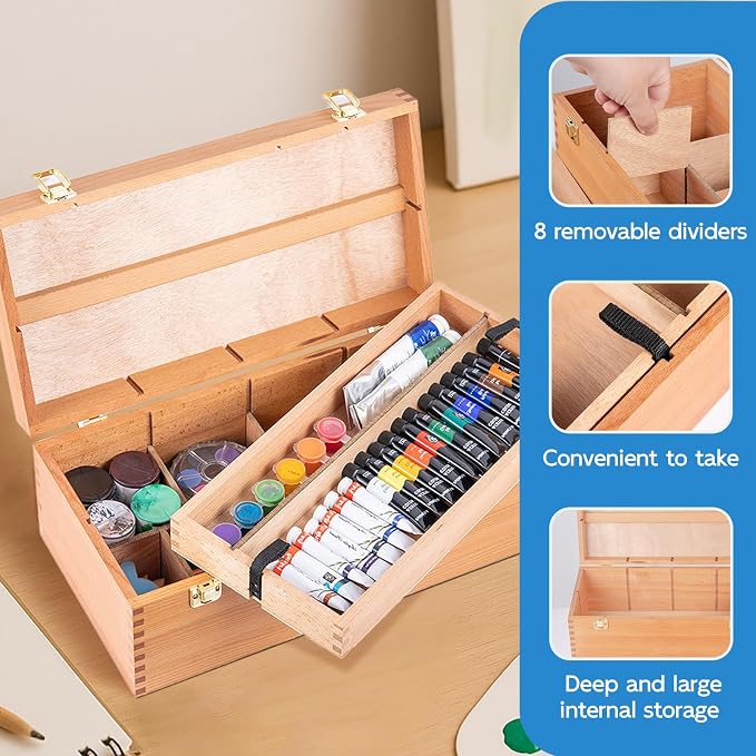 Large Solid Beechwood Art Supply Storage Box | Artist Storage Organizer with Drawer for Paintbrushes, Paints, and Pastels - Image 3