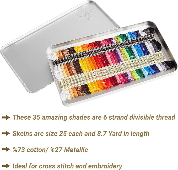 DMC Embroidery Floss, Mouline Etoile Tin Bundle with Hand Needles Size 3/9. | Set of 35 Sparkly Metallic Cross Stitch Thread Kit, Cotton Threads, Metallic String / Yarn 8.7 Yard - Image 3