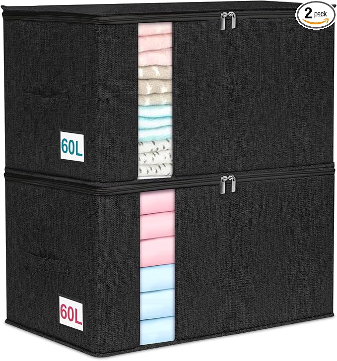 punemi 60L Comforter Storage Bags with Side & Bottom Support, 2 Pack, Black | Clear Window & Reinforced Handles, for Clothes,Pillow,Bedding & Blanket, Bedroom & Closet Organization by Punemi