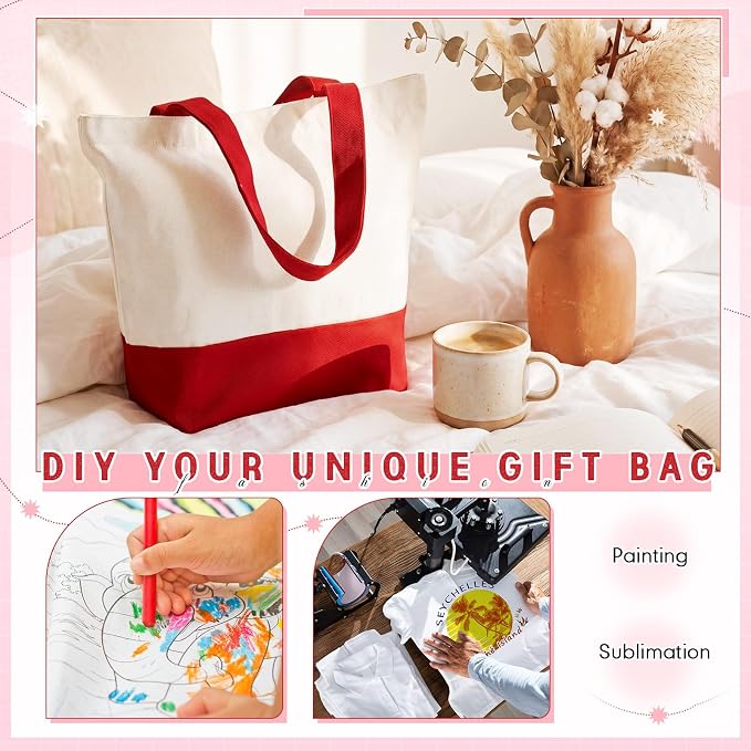 Sanwuta 12 Pcs Mini Canvas Tote Bag Small Sublimation Blank Reusable Grocery Cloth Tote for Women Craft DIY Gift Shopping (Red,Beige) - Image 4