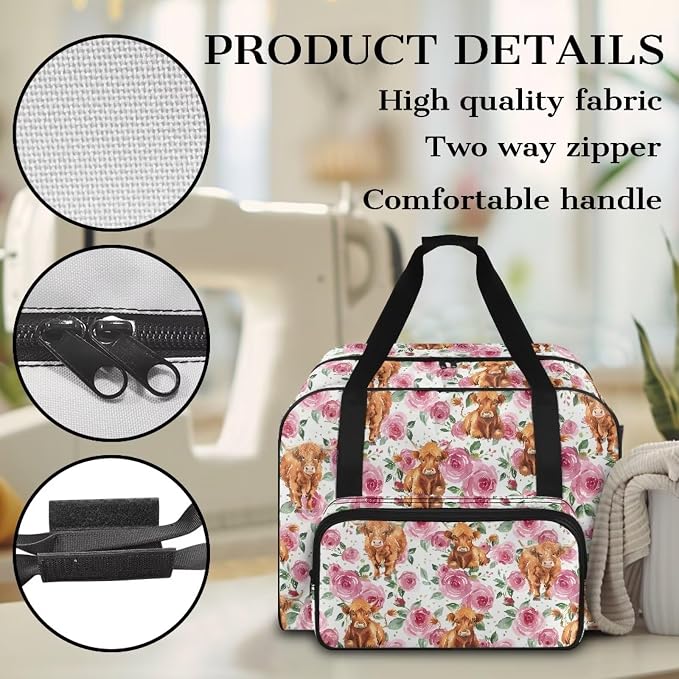 Sewing Machine Dust Bag Large Capacity Tote Bag Universal Sewing Machine Storage and Organizer Case with Soft Cushion and 4 Bottom Rubber Pads, Highland Cattle Rose - Image 5