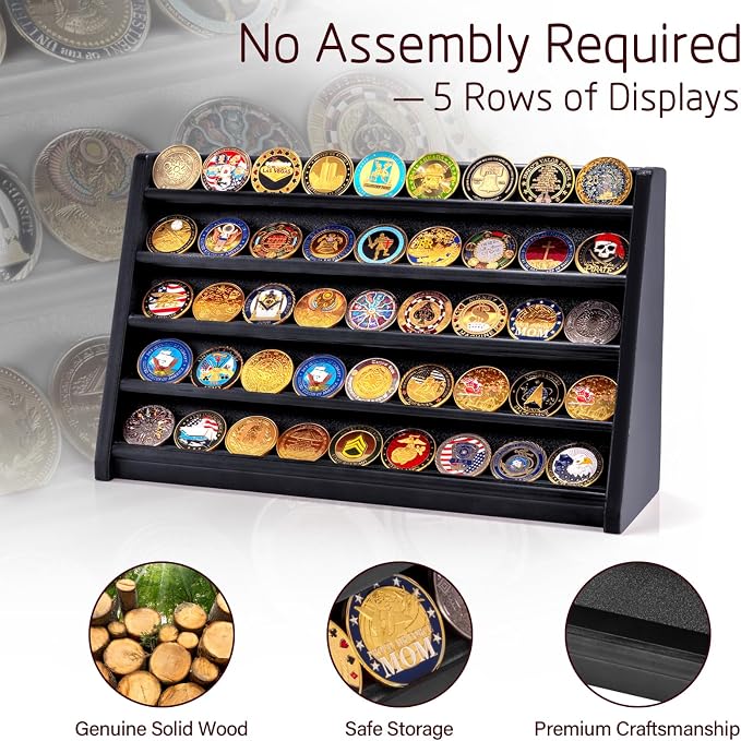 5 Row Challenge Coin Display Stand, Wood Military Army Coins Rack for Wall or Desk Display, Coin Storage Holder Case for Coin Collection, Black - Image 5
