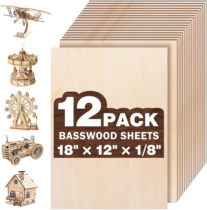 12 Pack Basswood Sheets for Crafts,18"x12"x1/8" 3mm Thick Plywood Sheets with Smooth Surfaces-Unfinished Squares Wood Boards for Laser Cutting, Wood Burning, Architectural Models, Staining by MITINU