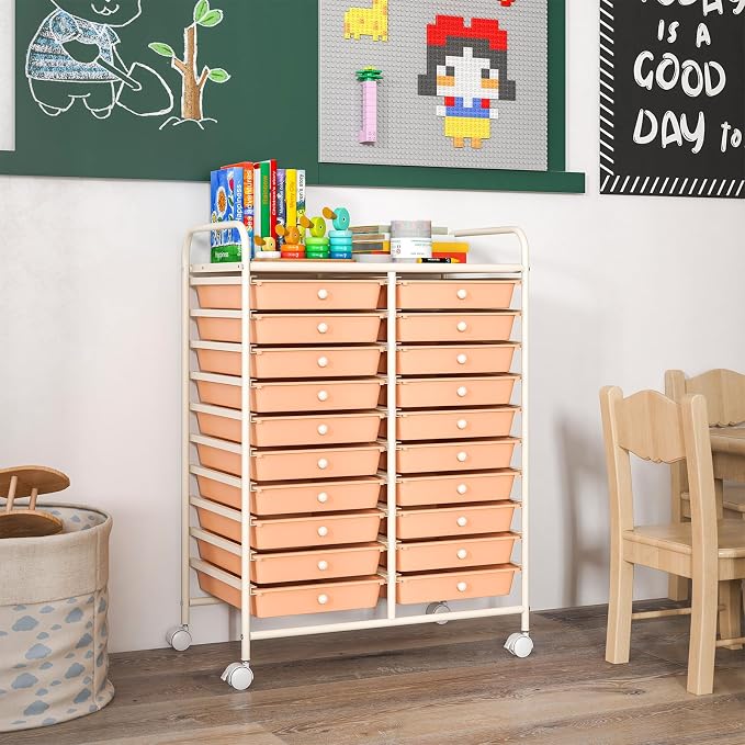 DREAMADE Rolling Cart with Storage Drawers, Utility Cart w/Removable Plastic Drawers, Lockable Wheels, Art Cart for Classroom Organization Art Supplies Office Scrapbook (20 Drawers, Peach) - Image 7