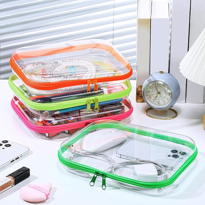 4 Pcs Hard Clear Zipper Case Makeup Bags Plastic Zipper Pouch Transparent Storage Box Containers for Cosmetics, Snacks, Building Blocks, Puzzles(Clear,9.8 x 7.9 x 2 in,Fluorescent) - Image 7