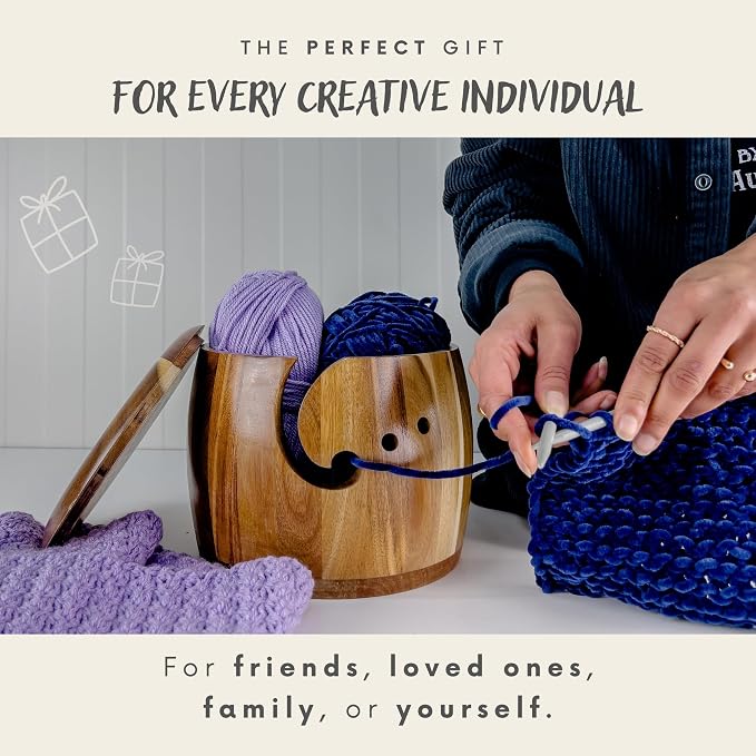 Tyck Design's Large Wooden Yarn Bowl with Lid - 9x7 Inch XL Acacia Wood Holder for Knitting, Crocheting & Macrame - Extra Big & Strong Yarn Storage - Image 7
