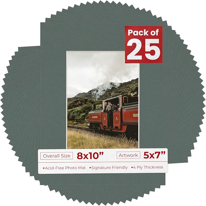 5x7 Mat for 8x10 Frame - Precut Mat Board Acid-Free Show Kit with Backing Board, and Clear Bags Charcoal 5x7 Photo Matte Made to Fit a 8x10 Picture Frame Matboard for Framing, Pack of 25 Mats by PosterPalooza