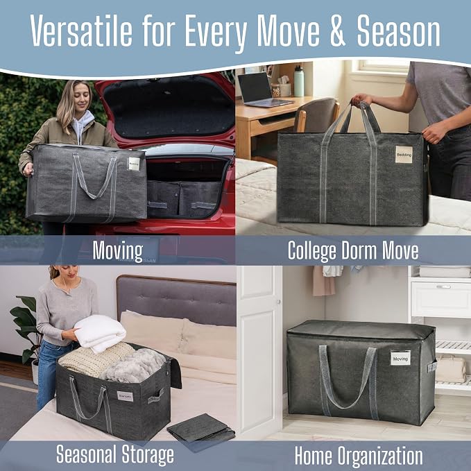 VENO 10 Pack Heavy Duty Moving Bags, Extra Large Storage Bags with Reinforced Handles & Strong Zippers, Foldable & Reusable Moving Box Alternative for Clothes & Dorm Storage - Image 6