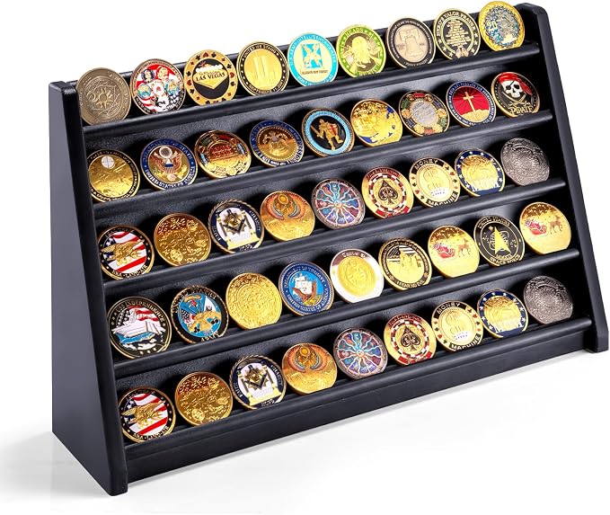 5 Row Challenge Coin Display Stand, Wood Military Army Coins Rack for Wall or Desk Display, Coin Storage Holder Case for Coin Collection, Black by ULTRGEE