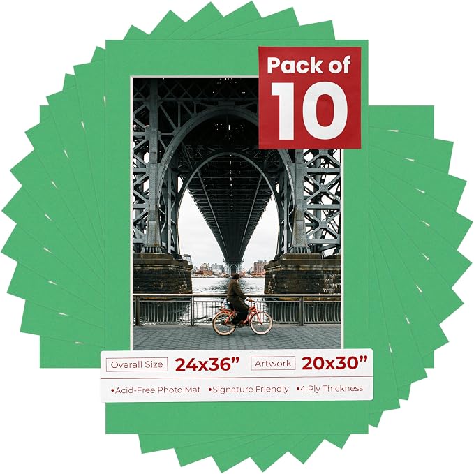 20x30 Mat for 24x36 Frame - Precut Mat Board Acid-Free Bright Green 20x30 Photo Matte For a 24x36 Picture Frame, Premium Matboard for Family Photos, Show Kits, Art, Picture Framing, Pack of 10 Mats by PosterPalooza
