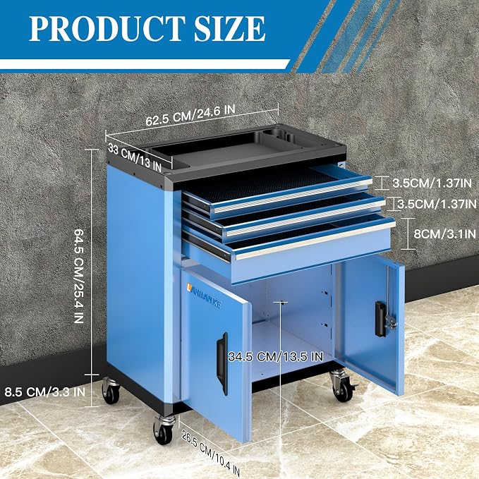 LARBANKE Rolling Tool Chest with Lock&Keys,360° Wheels and Drawer Liners,Tool Cabinet with 3 Drawers&2 Doors,Tool Cabinet Equipped with Connecting Rods for Stacking with 5&7-Drawer Chest - Image 3