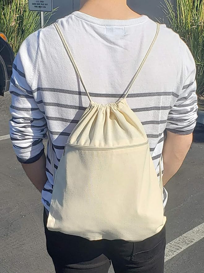 Cotton Canvas Drawstring Backpack with Zippered Front Pocket Cinch Sack Pull String Sport Bags for Gym, Hike Bags - Image 7