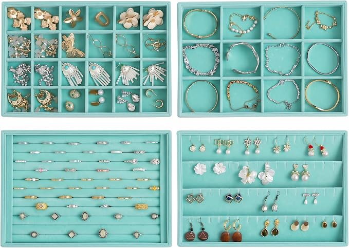 Jewelry Trays for Drawer,Set of 4 Jewelry Organizer and Storage | Velvet Material,Stackable,Adjustable Dividers,Drawer Inserts for Rings Studs Bracelet,Earring Organizer for Women Girls by Frebeauty