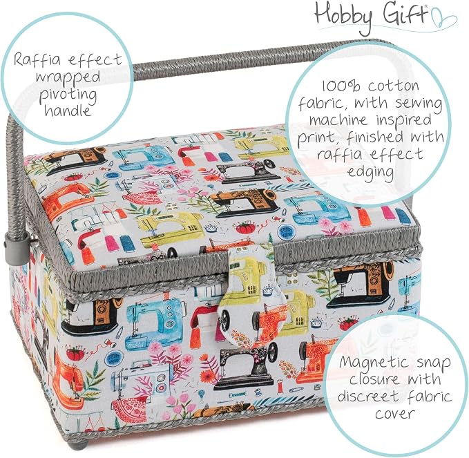 Hobby Gift Medium Sewing Box Organiser, Fabric Covered Storage Box with Handle, Internal Tray, Pin Cushion and Pocket for Sewing, Quilting and Knitting Supplies - Image 4