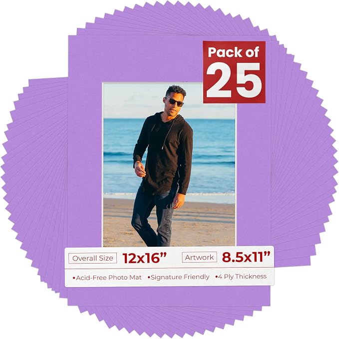 8.5x11 Mat for 12x16 Frame - Precut Mat Board Acid-Free Light Purple 8.5x11 Photo Matte For a 12x16 Picture Frame, Premium Matboard for Family Photos, Show Kits, Art, Picture Framing, Pack of 25 Mats by PosterPalooza