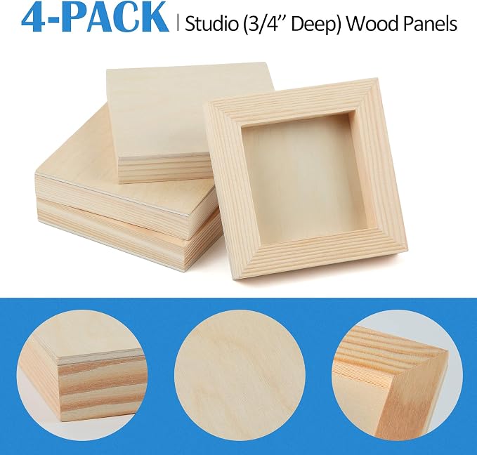4 Pack 4x4’’ Unfinished Birch Wood Panels Kit for Painting | Studio 3/4’’ Deep Wooden Canvas, Cradle Boards for Acrylic Pouring, Art, Crafts, Epoxy Resin, Laser Engraving Cutting - Image 5