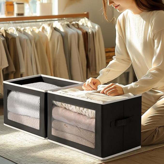 Storage Boxes with Lids - 5 Pack Foldable Clear Window Storage Bins, Large Decorative Storage Bins with Handles, Storage Containers for Clothes, Towel, Blanket, Sheet, Black - Image 5