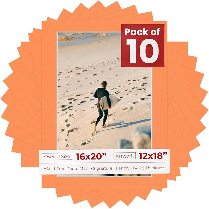 12x18 Mat for 16x20 Frame - Precut Mat Board Acid-Free Orange 12x18 Photo Matte Made to Fit a 16x20 Picture Frame, Premium Matboard for Family Photos, Show Kits, Art, Picture Framing, Pack of 10 Mats by PosterPalooza