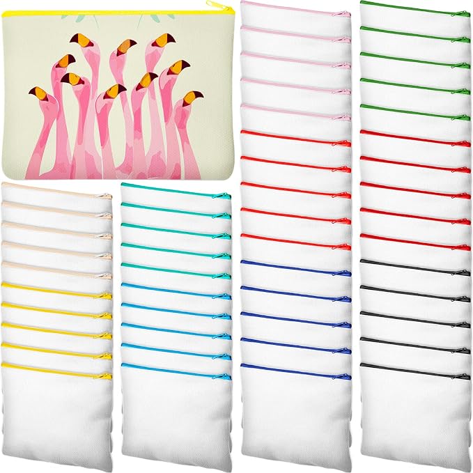Frienda 50 Pcs Sublimation Blank Canvas Makeup Bags Bulk DIY Heat Transfer Canvas Pen Case Pencil Cosmetic Makeup Bags Clear Sublimation Blank Pouch with Zipper (9 x 6.89 Inch,Mixed Colors) by Frienda