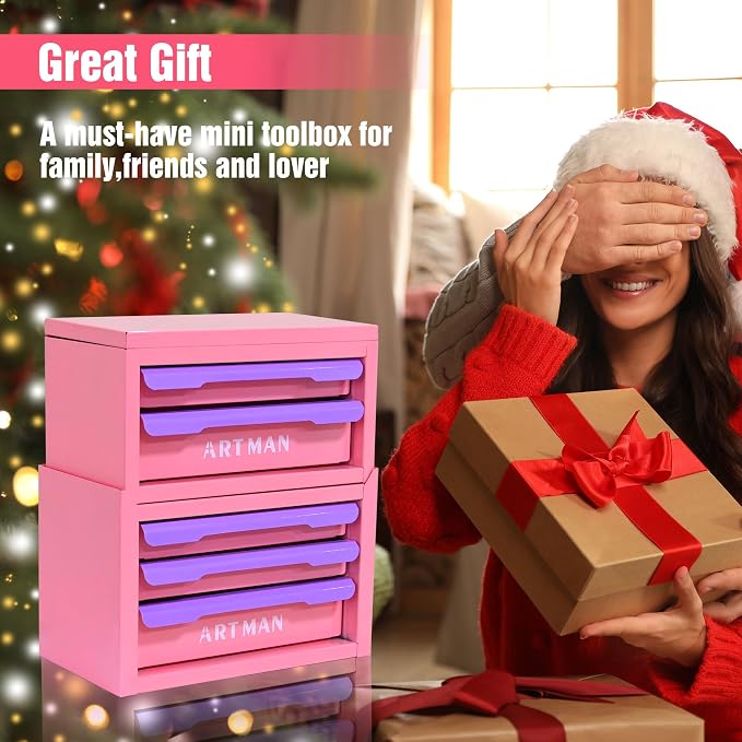 Mini Metal Tool Box, 2+3 Layer Portable Steel Small Tool Chest Cabinet, Stackable Desktop Organizer, Makeup & Stationery Storage Drawers with Handles for Home Office Workshop(Pink & Purple) - Image 6