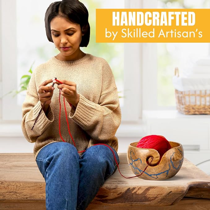 Cute Wooden Yarn Bowl for Crocheting, 7x4inch Large Mango wood Crochet Holder Gift Accessories and Knitting Gadgets Supplies Handcrafted with Fractal Wood Burning & Blue Resin Inlay (M-Blue) - Image 4