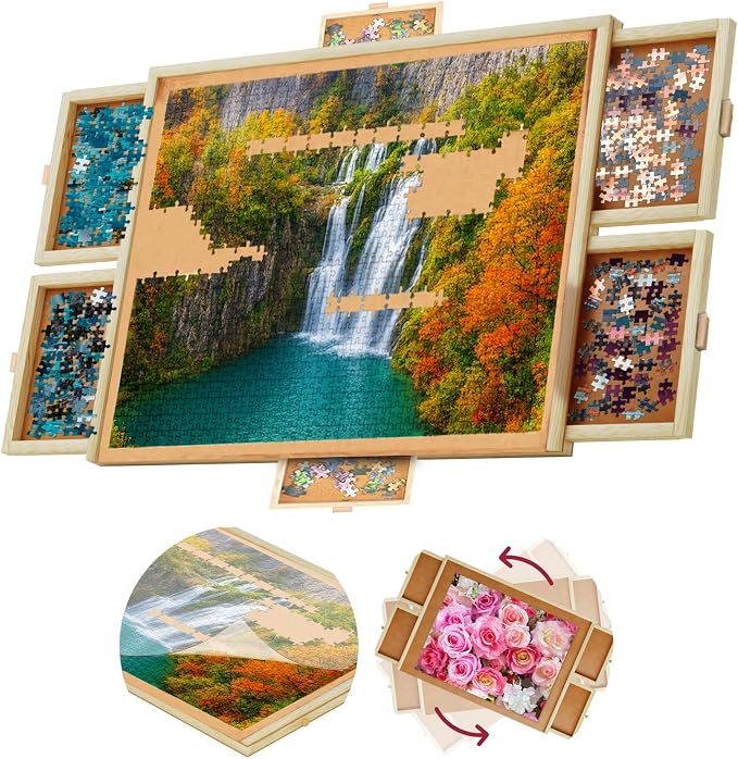 1500 Piece Wooden Jigsaw Puzzle Board - 6 Drawers, Preassembled Rotating Puzzle Table | 35” X 28” Jigsaw Puzzle Board | Puzzle Cover Included - Portable Tables for Adults and Kids | 6 Drawers, Preassembled Rotating Design, Puzzle Cover Included, Portab... by BeyondInnoventions