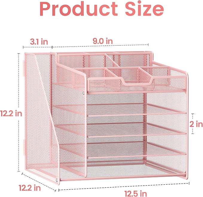 Lavatino Desk Organizer, 5-Tier Metal Mesh Paper Letter Tray with File Holder & 7 Flexible Dividers for Office or Home Desk Organizers and Accessories, Keep Workspace Supplies Neat & Organized, Pink - Image 7