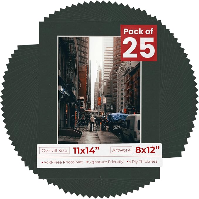 8x12 Mat for 11x14 Frame - Precut Mat Board Acid-Free Black 8x12 Photo Matte Made to Fit a 11x14 Picture Frame, Premium Matboard for Family Photos, Show Kits, Art, Picture Framing, Pack of 25 Mats by PosterPalooza