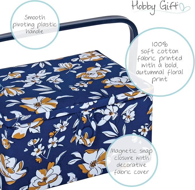Hobby Gift Medium Sewing Box Organiser, Fabric Covered Storage Box with Handle, Internal Tray, Pin Cushion and Pocket for Sewing, Quilting and Knitting Supplies - Image 6