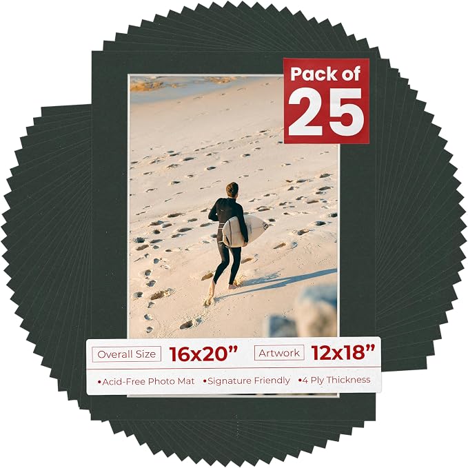 12x18 Mat for 16x20 Frame - Precut Mat Board Acid-Free Black 12x18 Photo Matte Made to Fit a 16x20 Picture Frame, Premium Matboard for Family Photos, Show Kits, Art, Picture Framing, Pack of 25 Mats by PosterPalooza