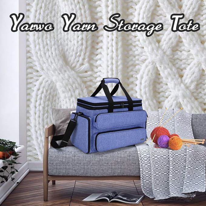 Yarwo Large Crochet Bag Knitting Tote, Yarn Storage Bag with Shoulder Strap | Organizer for Knitting Needles & Crochet Hook(Up to 14”), Clear Top Lid, Unfinished Project Compartment, 4 Yarn Holes, Blue - Image 9
