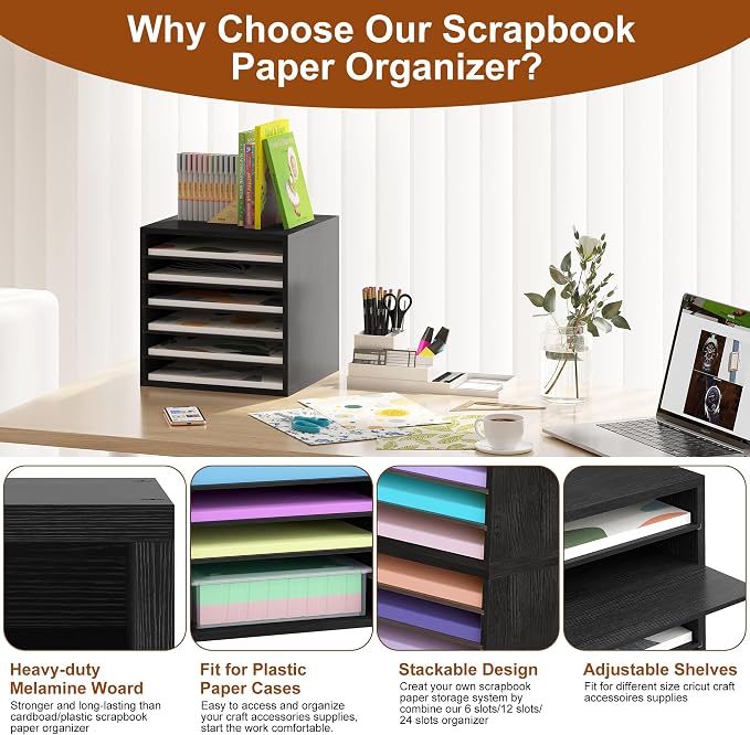 Alpeir 6-Slot 12x12 Scrapbook Paper Storage Organizer, Black | Easy Retrieval, Adjustable Shelves, Heavy Duty, Fit Scrapbook Supplies Craft Tools Storage, For Craft Room Office Classroom - Image 5