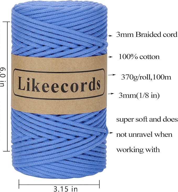 Likeecords 2 Skeins Braided Macrame Cotton Cord 3mm x 100m, 100% Cotton Rope String for Bag, Wall Hanging, Plant Hangers, Crafts, Knitting (Blue) - Image 2