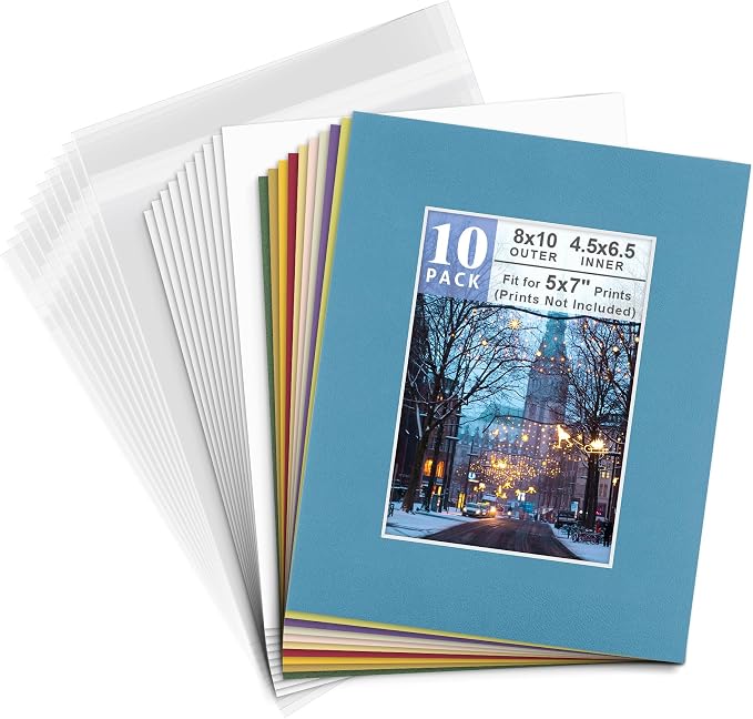Golden State Art 10 Pack 8x10 Picture Mats for 5x7 Photos+Backings+Bags | Mixed Colros Acid-Free Pre-Cut Photo Mats 4.5x6.5 Opening for 5x7 Pictures Prints with White Core Bevel Cut Mattes Sets by GoldenStateArt