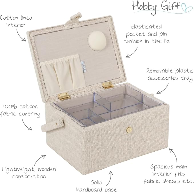 Hobby Gift Medium Sewing Box Organiser | Fabric Covered Storage Box, Handle, Internal Tray, Pin Cushion and Pocket, For Sewing, Quilting and Knitting Supplies - Image 3