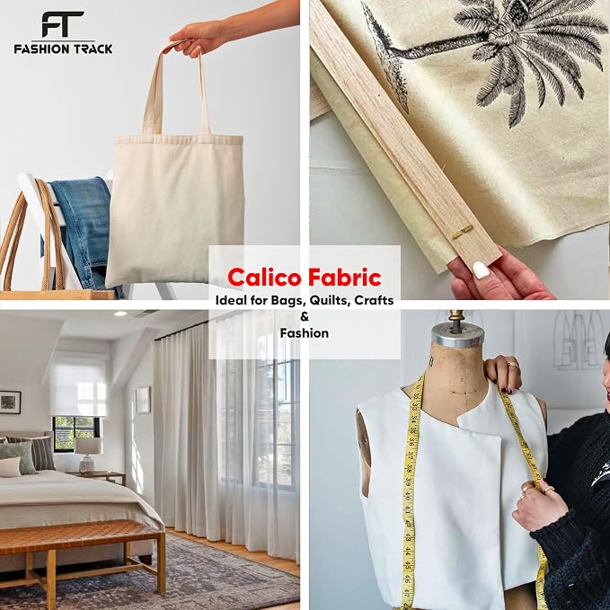 FT Calico Fabric 58" Wide 100% Cotton Natural Muslin (1 Yard) | 100% Cotton Medium Weight Calico Fabric for Sewing, Quilting, Curtain Linings, Pillowcases & DIY Projects - Image 2
