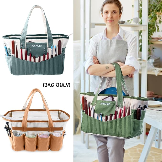 Pottery Tools Bag with Pockets for Clay Sculpting Tools, Ceramic Tools– Art Supply Organizer for Polymer Clay Tools, Craft Tote, Yarn & Crochet Storage, Washable Canvas Artist Bag Gift - Image 6