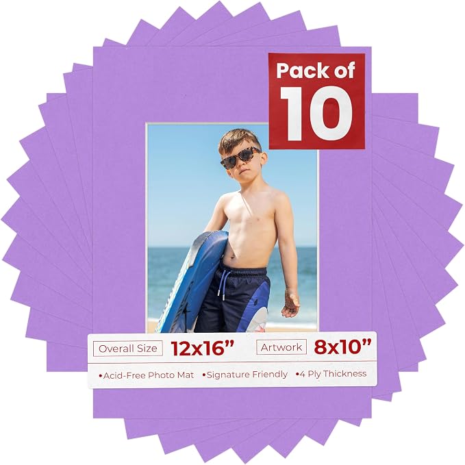 8x10 Mat for 12x16 Frame - Precut Mat Board Acid-Free Light Purple 8x10 Photo Matte For a 12x16 Picture Frame, Premium Matboard for Family Photos, Show Kits, Art, Picture Framing, Pack of 10 Mats by PosterPalooza