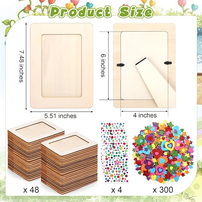 Aneco 48 Packs Picture Frame Painting Craft Kit for 4 x 6 Inch Photo DIY Unfinished Wooden Photo Frames with Diamond and Foam Stickers for DIY Crafts, Paint and Decorate - Image 2