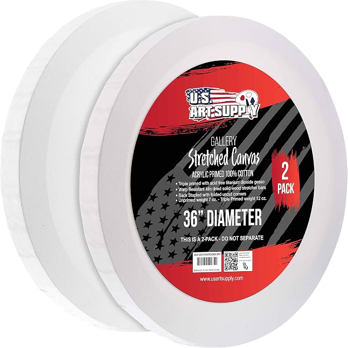 U.S. Art Supply 36 inch Diameter Round Gallery Depth 1-1/2" Profile Stretched Canvas 2-Pack - Acrylic Gesso Triple Primed 12-Ounce 100% Cotton Acid-Free Back Stapled Pouring Art by USArtSupply