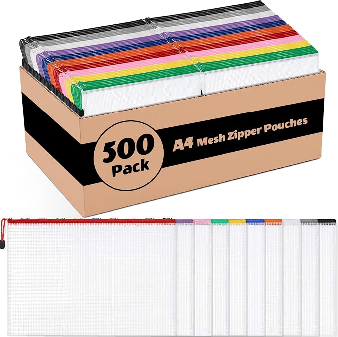 Zhehao 500 Pcs A4 Mesh Zipper Pouch Bags Bulk 13.2 x 9.5 Inches,White | Large Clear Pencil File Storage Bags Waterproof Mesh Zipper Organizer for School Office Travel Organization Puzzle Supplies - Image 8