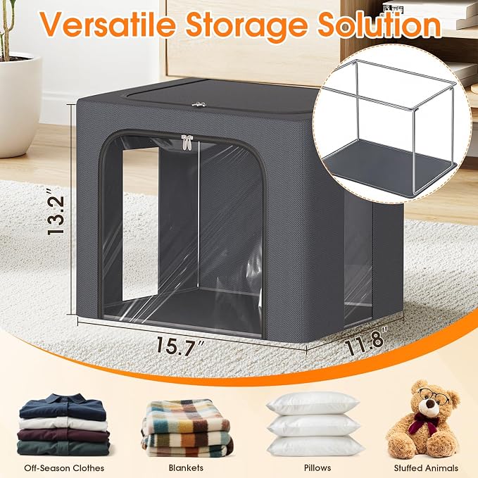 4 Pack Clothes Storage Bins with Metal Frame, Light Grey, 40L | Foldable Storage Boxes with Clear Window, Front & Top Zipper Openings, Stackable Organizer with Handles for Closet & Bedroom - Image 2