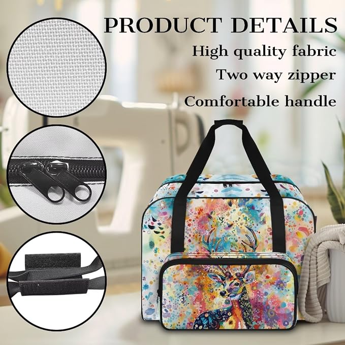 Sewing Machine Storage Case Versatile Sewing Machine Dust Bag Large Capacity Tote Bag Portable Organizer Bag with Handle and Soft Cushion, Oil Paint Deer - Image 5