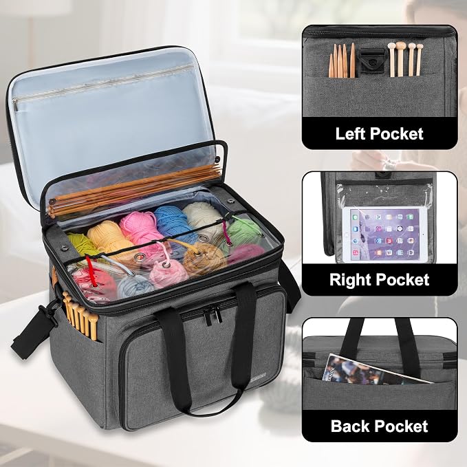 Teamoy Crochet Bag, Knitting Bag Yarn Storage Tote, Yarn Organizer, Gray | Yarn Holder for Crocheting, with Inner Divider and Cover, for Yarn Skeins, Project, Knitting Needles, and Crochet Supplies - Image 3