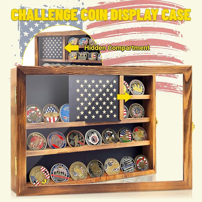 Challenge Coin Display, Solid Pine Wood Military Coin Holder Display, Holds Up to 65 Coins, Lockable Wall Mounted Coin Display Case with Removable Star Panel & Clear Acrylic Door - Image 4