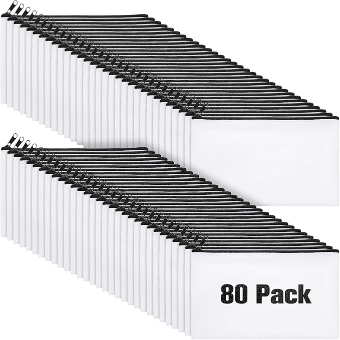 Reginary 80 Pack Canvas Zipper Makeup Bags Bulk Pencil Pouches Blank DIY Craft Canvas Cosmetic Bag Pouch with Zipper for Makeup Cosmetic Toiletry Stationary Storage(White and Black Zippers) by Reginary